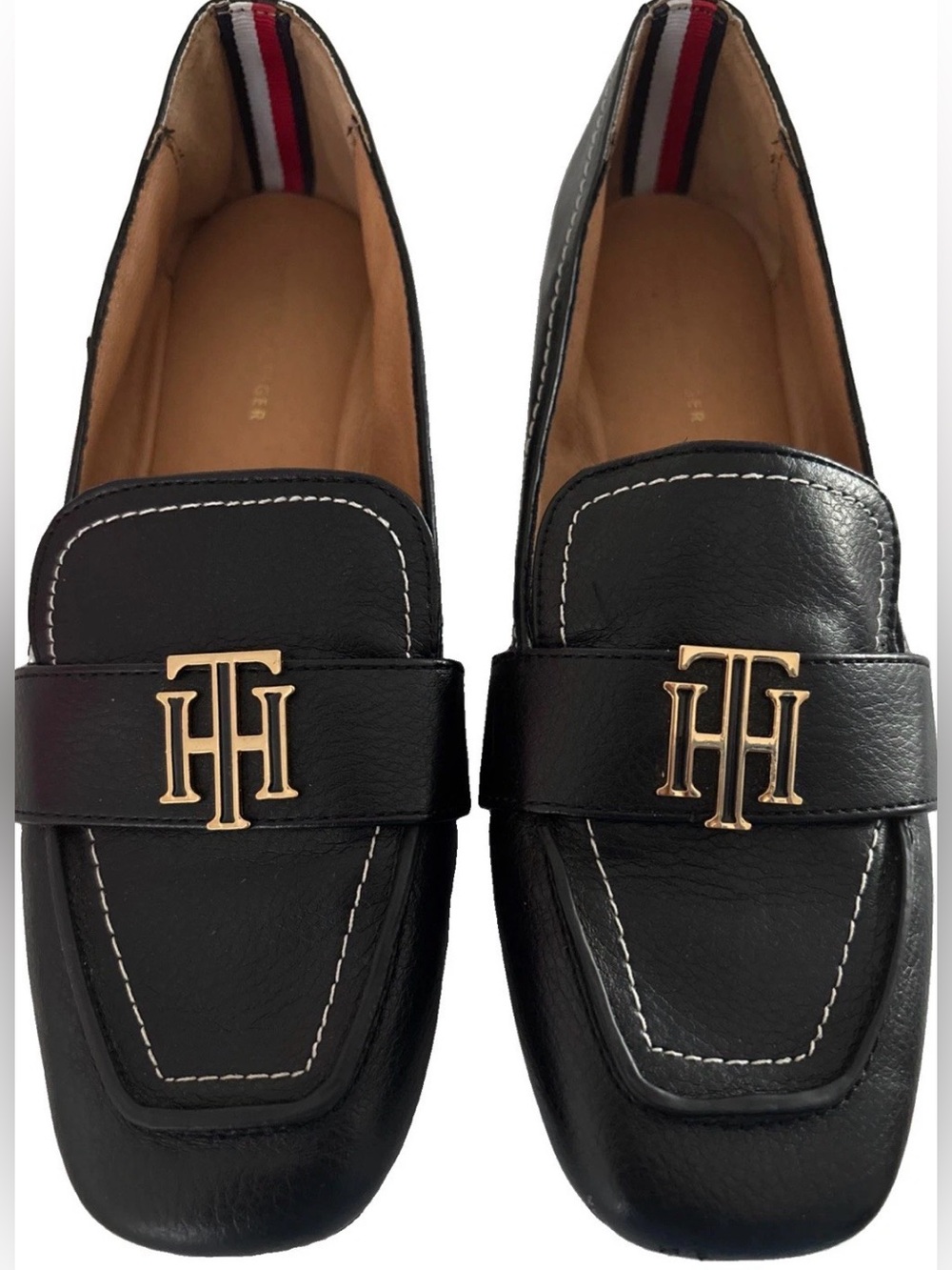 Tommy Hilfiger Black Leather Slip-On Loafers with Gold TH Emblem